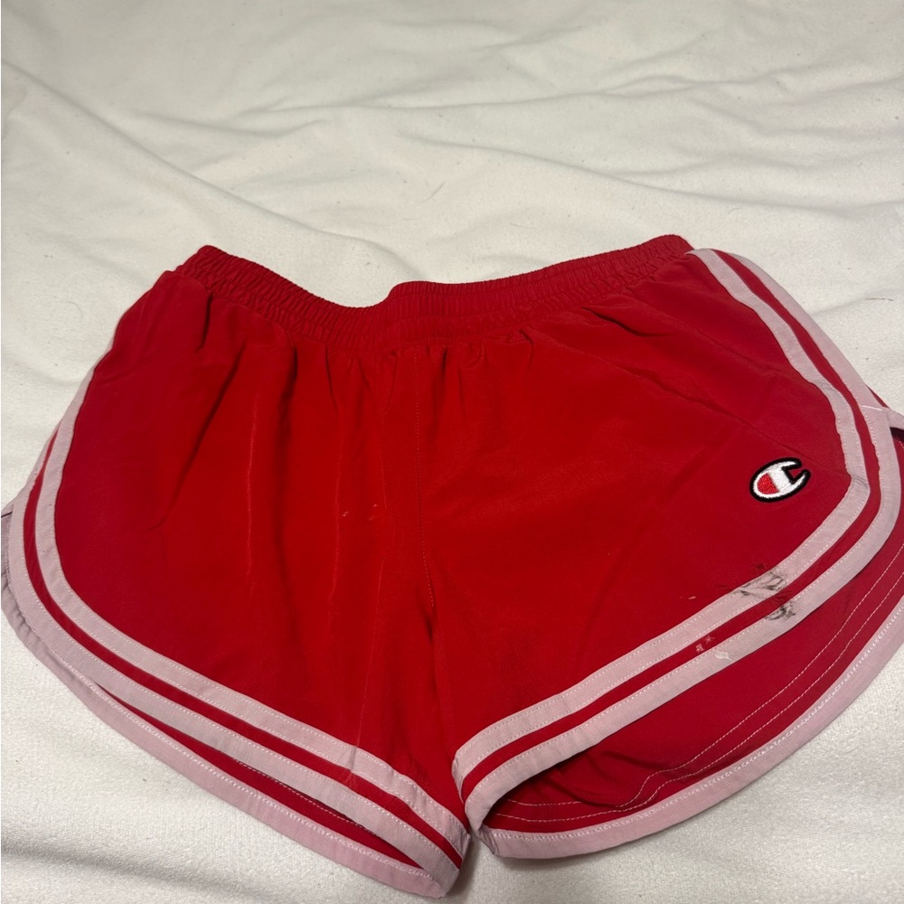 Champion Women’s Red Athletic Shorts with Light Pink Stripes